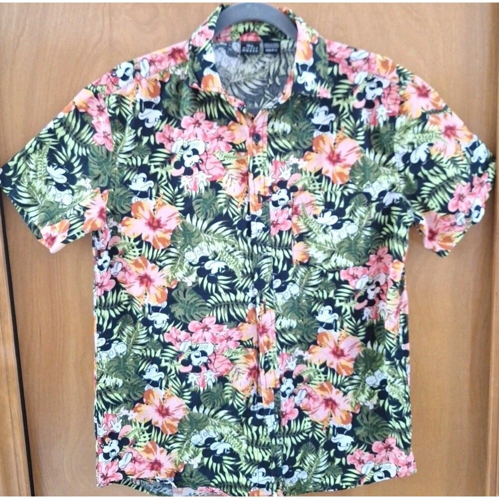 Mens Disney Mickey Mouse Tropical Floral Button Hawaiian Cotton Shirt Vacation S